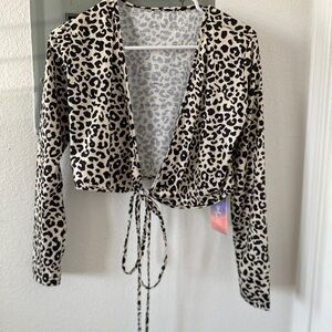 Leopard Print Tie-Front Cropped Cardigan - Black & Cream